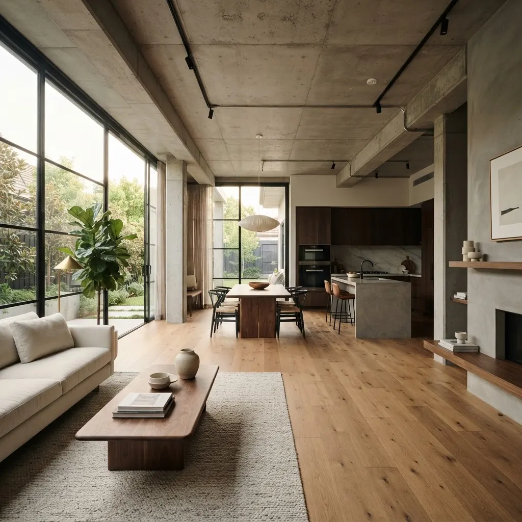 Intérieur résidentiel moderne fraîchement rénové par YST Construction avec planchers de bois et grandes fenêtres